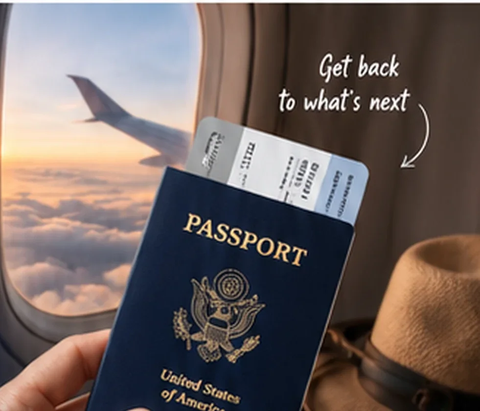 U.S. passport and boarding pass at an airplane window