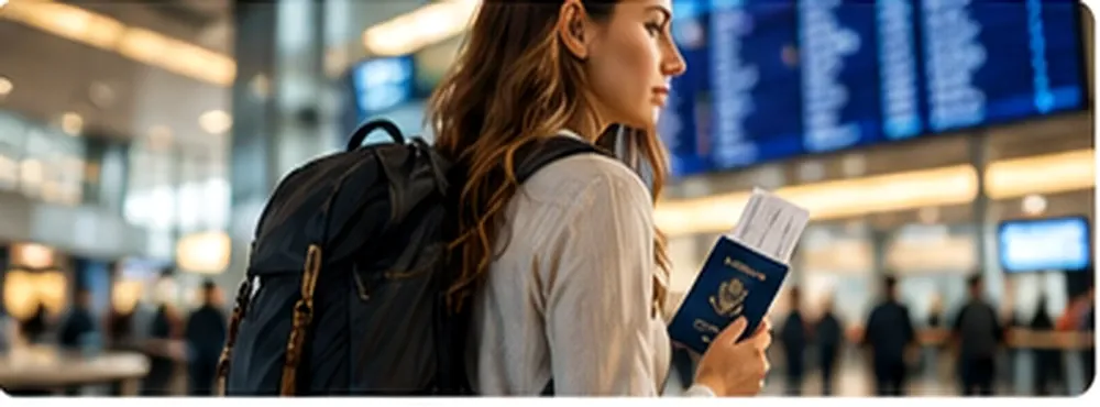 Traveler in an airport terminal holding a passport