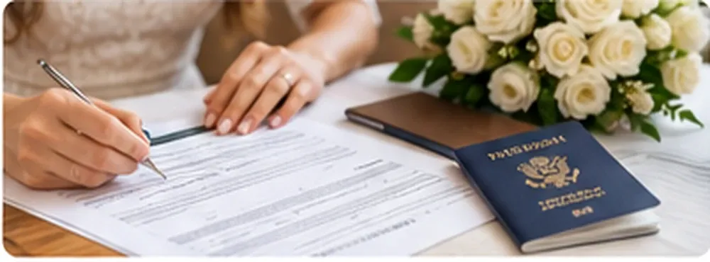 Person completing name-change documents next to a passport